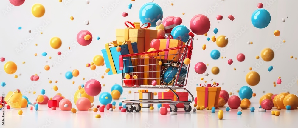 Obraz premium Colorful Shopping Cart with Gifts and Bubbles Background