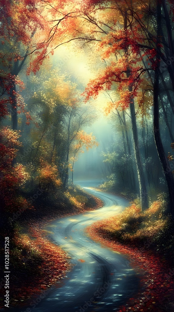 An empty, winding road winds through the woods on an autumn morning, shrouded in fog. The trees are adorned with leaves in various shades of orange and brown. 