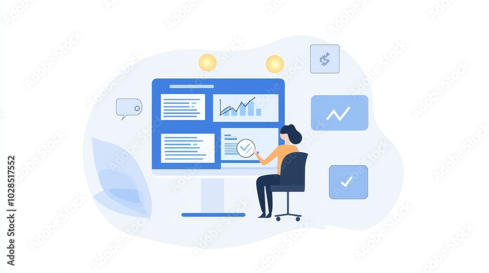 An illustration of a person analyzing data on a computer screen, highlighting digital marketing and analytics concepts. An illustration of a person analyzing data on a computer screen, highlighting digital marketing and analytics concepts.