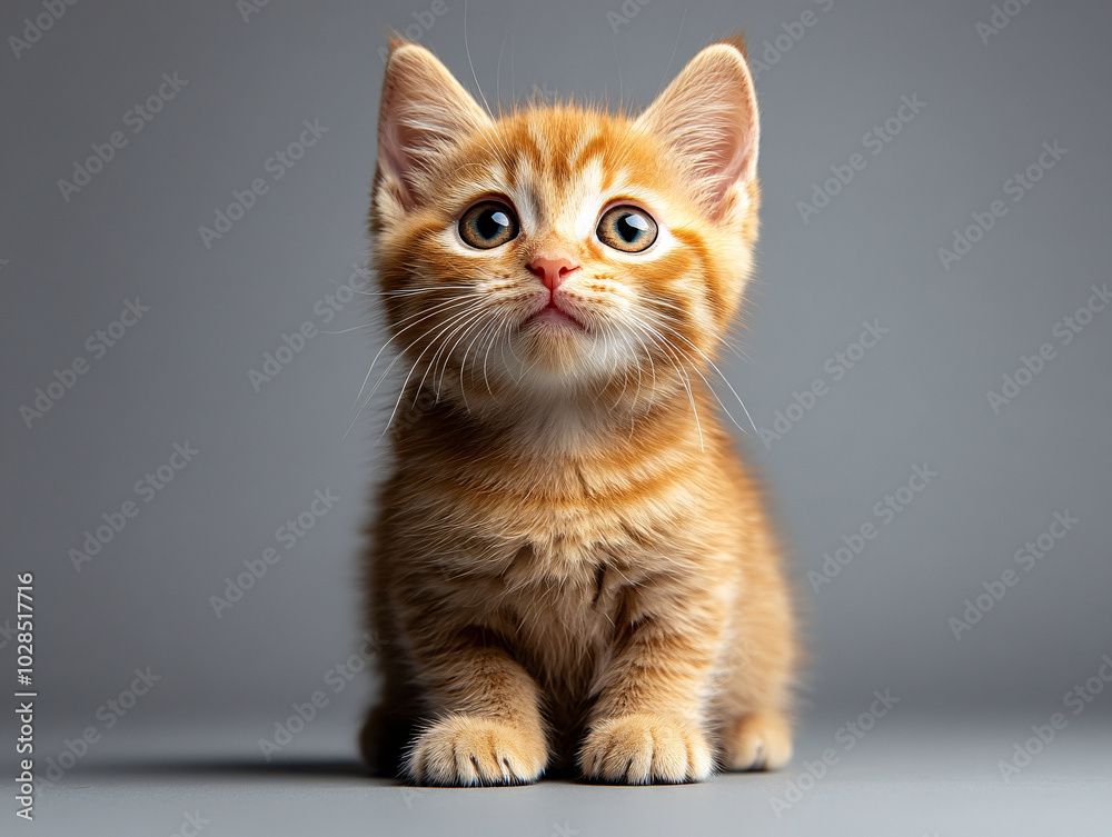 Obraz premium A small orange kitten with white whiskers and a curious expression. It has large eyes and a cute face.
