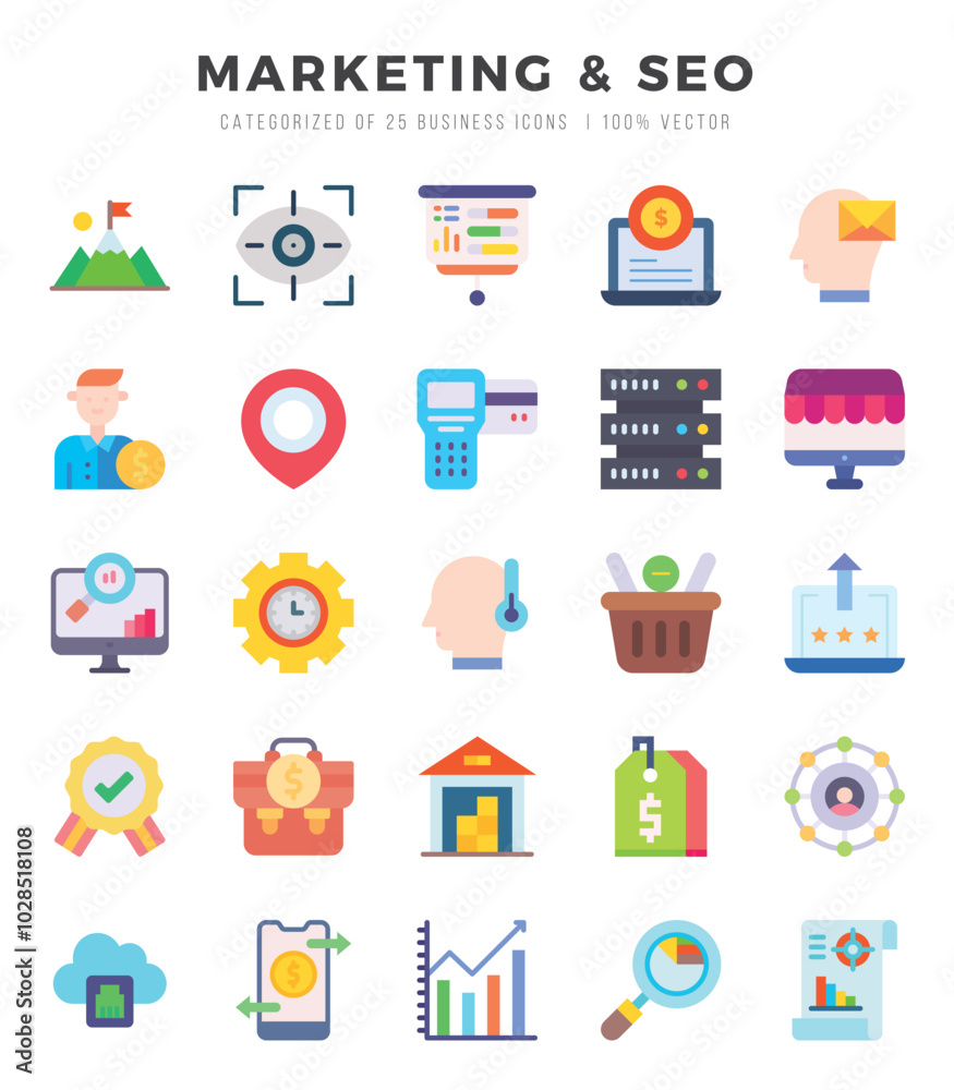 Marketing & Seo elements. Flat web icon set. Simple vector illustration.