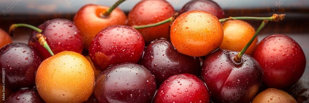 Close up of cherries in a fruit platter, isolated dark background. Close up of cherries in a fruit platter, isolated dark background.