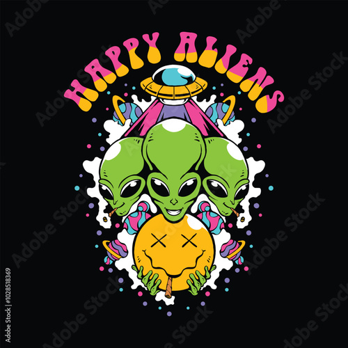 Happy aliens artwork vector. Trippy, psychedelic
