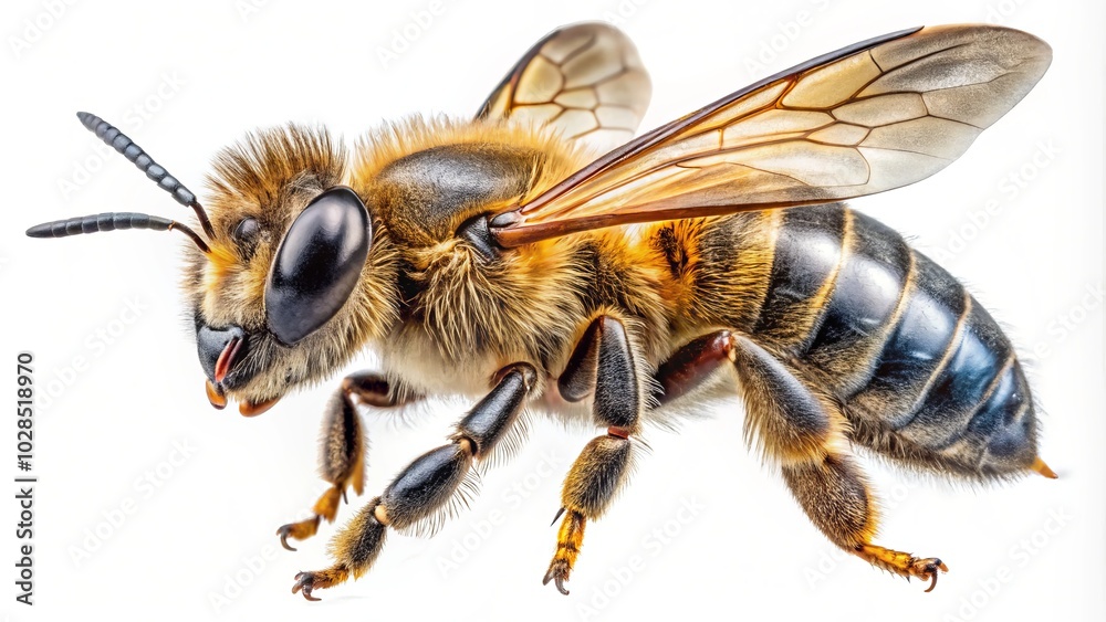 Stunning macro image of a flying honey bee on a transparent background, perfect for product photography enhancing visual appeal and showcasing intricate details. Stunning macro image of a flying honey bee on a transparent background, perfect for product photography enhancing visual appeal and showcasing intricate details.
