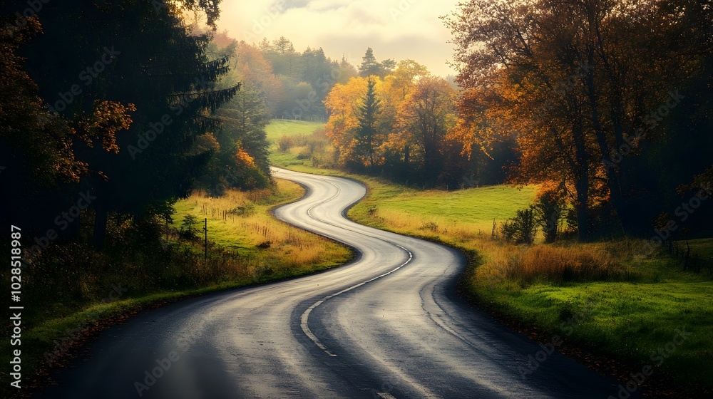 103. An empty road winding through a picturesque landscape, framed by trees 103. An empty road winding through a picturesque landscape, framed by trees
