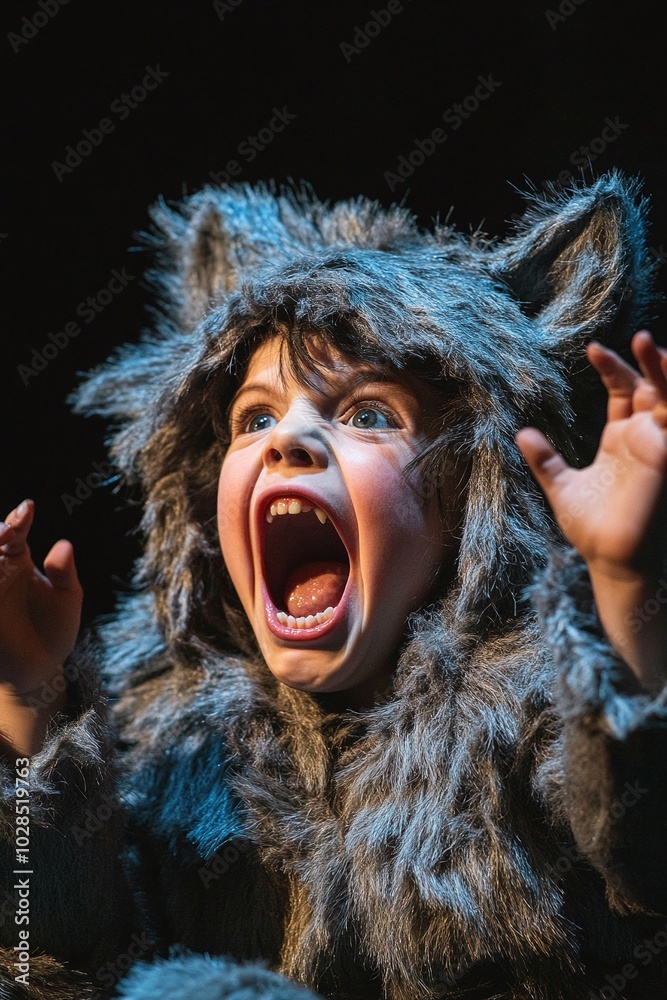 A child in a werewolf costume, with furry ears and claws, pretending to howl at the moon A child in a werewolf costume, with furry ears and claws, pretending to howl at the moon