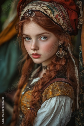 A girl dressed as a historical figure, like a queen or a pioneer, posing proudly in a themed setting