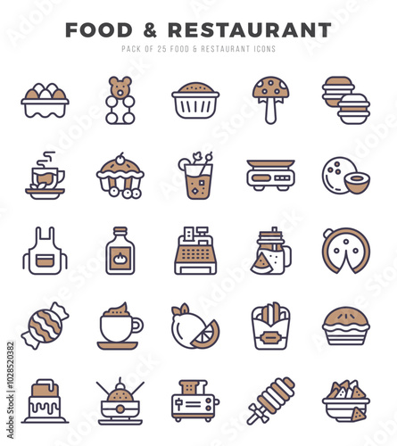 Set of 25 Food and Restaurant Two Color Icons Pack.