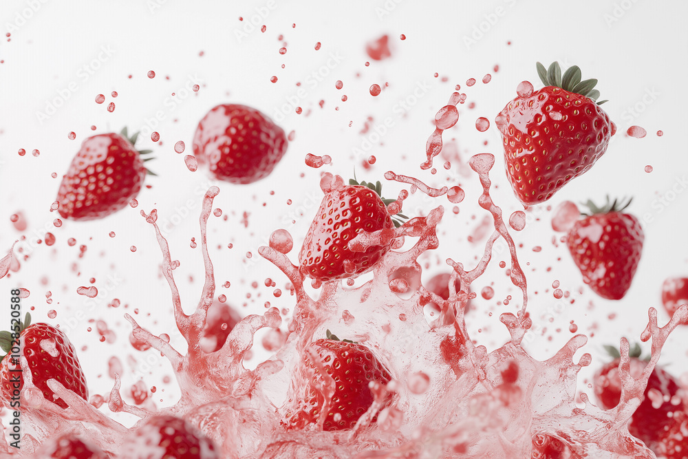 Fototapeta premium Strawberry juice splashing with its fruits isolated on white background