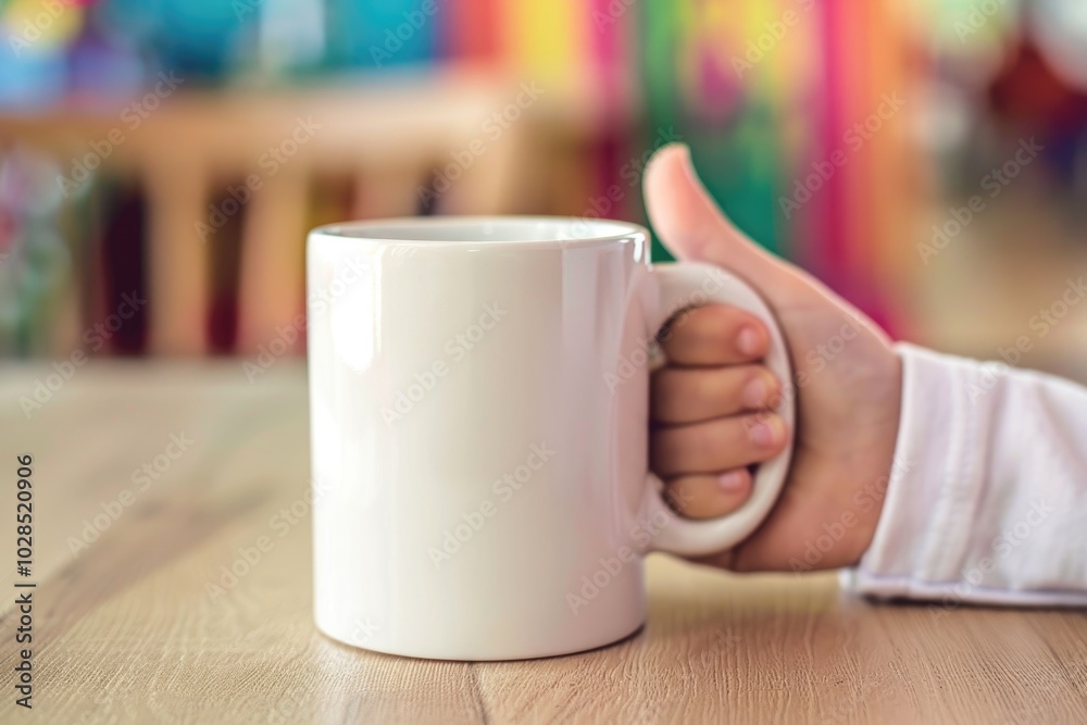 Hand Holding White Mug Against Colorful Background in Cozy Room Setting Hand Holding White Mug Against Colorful Background in Cozy Room Setting