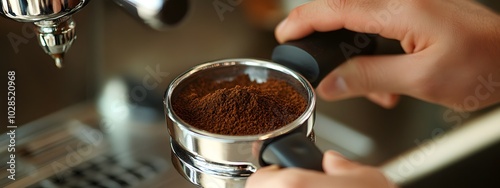 Close-up of hands using an espresso portafilter with ground coffee, ready for making the first shot in an Italian-style cafe setting.