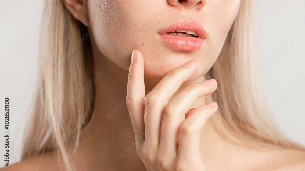 Young blonde woman posing at camera touching face line with hand, isolated on white studio background close up shot. Beauty skin care concept Young blonde woman posing at camera touching face line with hand, isolated on white studio background close up shot. Beauty skin care concept