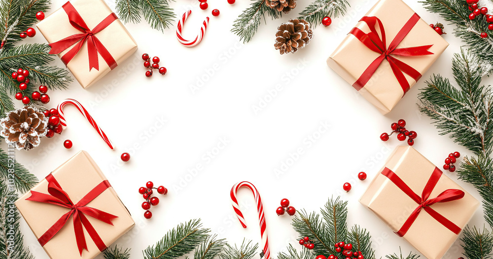 Christmas Gift Boxes with Red Ribbons and Greenery