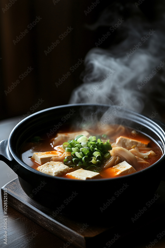 Hot ramen soup steaming with tofu, green onions in dark ceramic bowl. Hot ramen soup steaming with tofu, green onions in dark ceramic bowl.