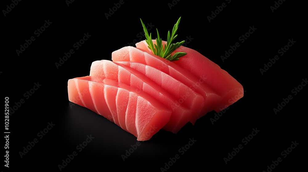 A piece of raw fish with green leaves on top A piece of raw fish with green leaves on top