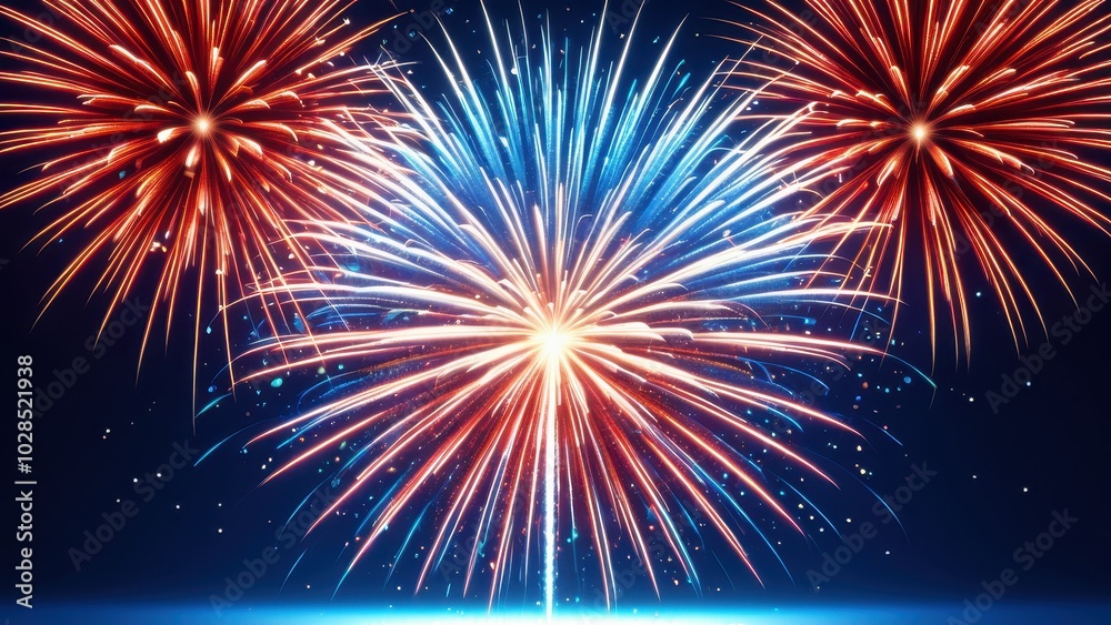 Vibrant red and blue fireworks burst across the night sky, creating a dazzling and festive display of light and color Vibrant red and blue fireworks burst across the night sky, creating a dazzling and festive display of light and color