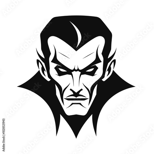 Vampire Dracula cartoon portrait icon. Halloween black and white illustration of vampire