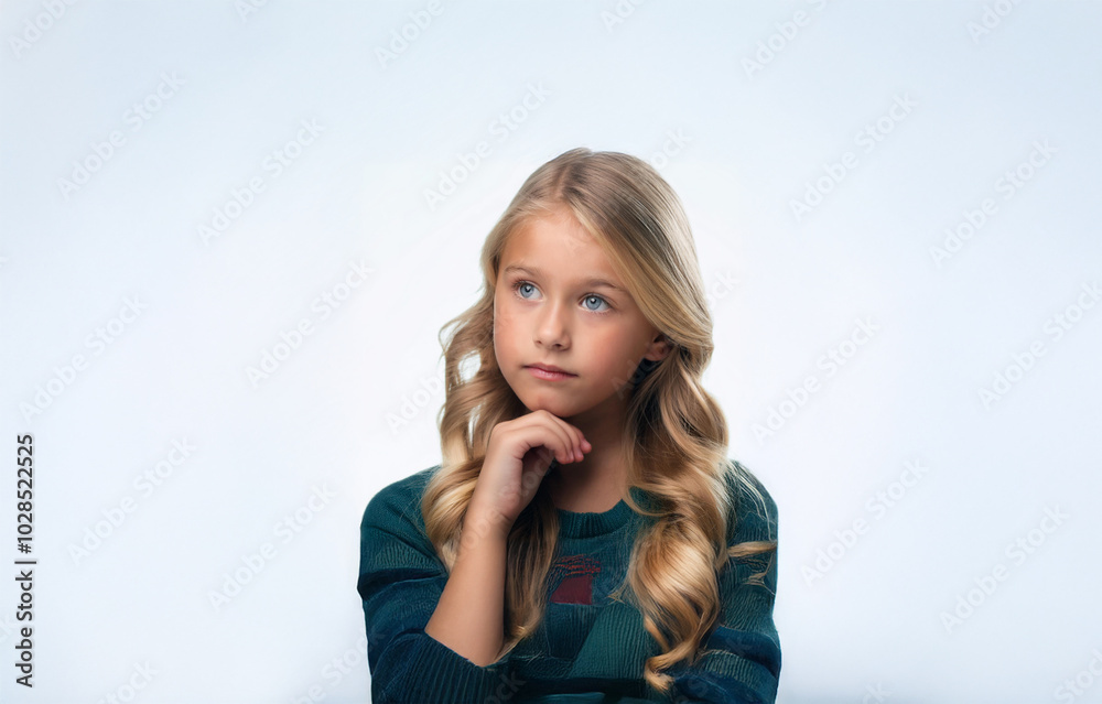A young girl with long blonde hair and blue eyes is looking up thoughtfully. Her hand is resting on her chin. A young girl with long blonde hair and blue eyes is looking up thoughtfully. Her hand is resting on her chin.