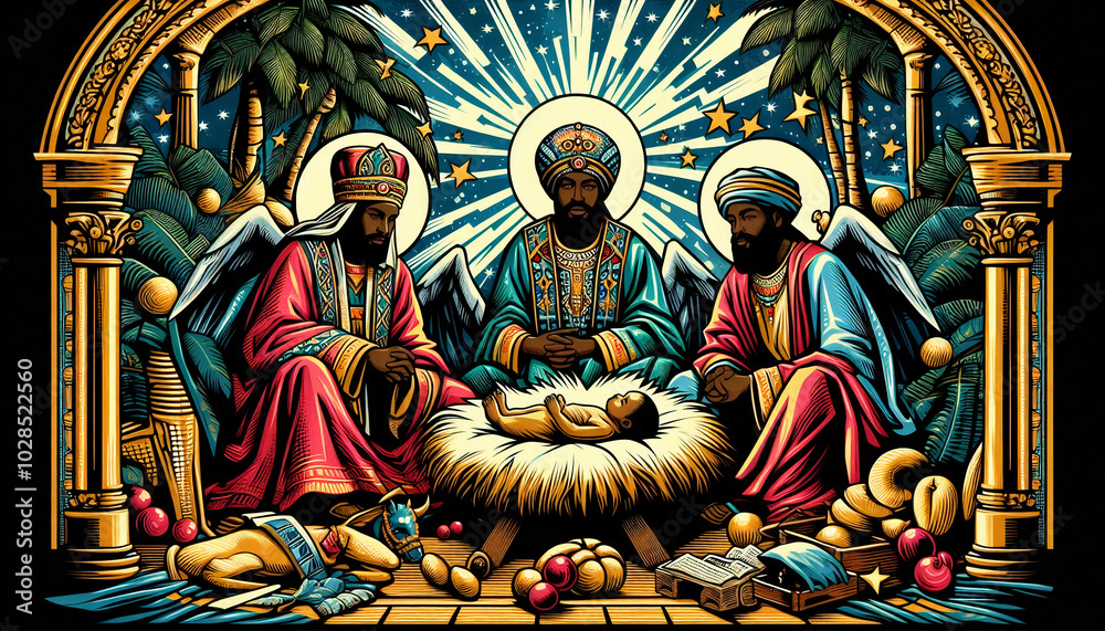 Fototapeta premium A vibrant depiction of the three kings from an African nativity scene, presenting gifts to the newborn Jesus under a radiant starry sky. Keywords