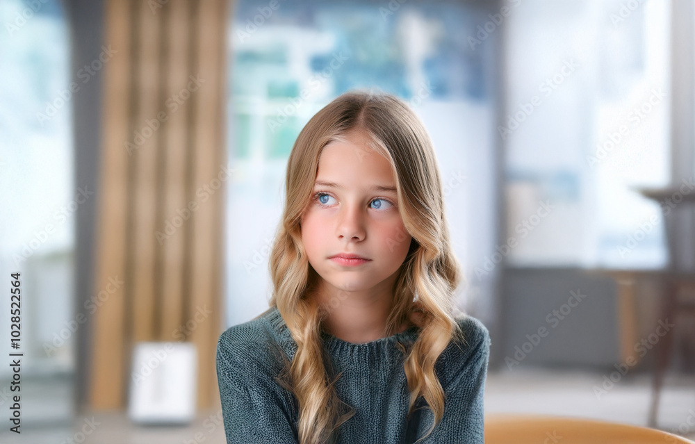 A young girl with long blonde hair looks off to the side with a serious expression.