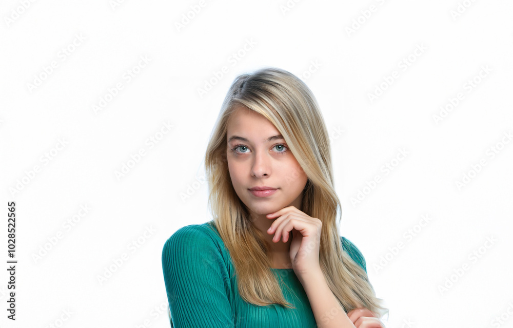 A young woman with long, straight blonde hair looks directly at the camera with a serious expression. She is wearing a teal sweater. A young woman with long, straight blonde hair looks directly at the camera with a serious expression. She is wearing a teal sweater.