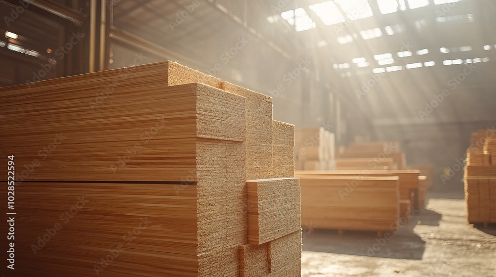 Stacked pine wood planks in a factory setting Stacked pine wood planks in a factory setting