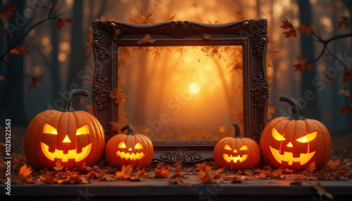 Halloween card with pumpkin art, cobweb in dark corner. Spooky greeting for October party, lantern on creepy house wall.
