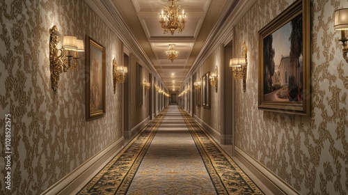 A sophisticated Hollywood Regency corridor adorned with elegant wallpaper patterns