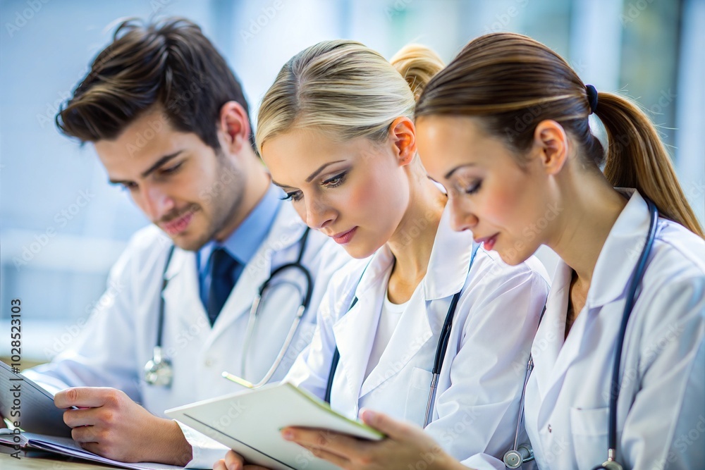 Group of medical students in lecture hall are studying medicine. Interns, future doctors and nurse with educational information. People in medical uniform. Healthcare workers