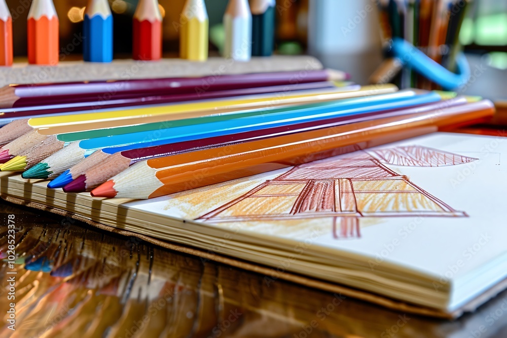 A set of colored pencils perfectly aligned on a desk with an open sketchpad displaying a half-finished drawing