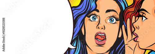 Woman whispering gossip or secret to her friend surprise In Retro Vintage Pop Art Comic