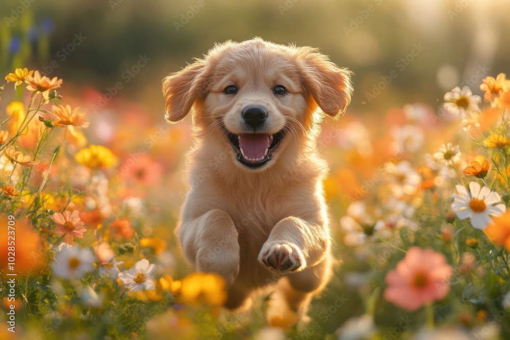 Golden Retriever Puppy Running Through a Field of Flowers Golden Retriever Puppy Running Through a Field of Flowers
