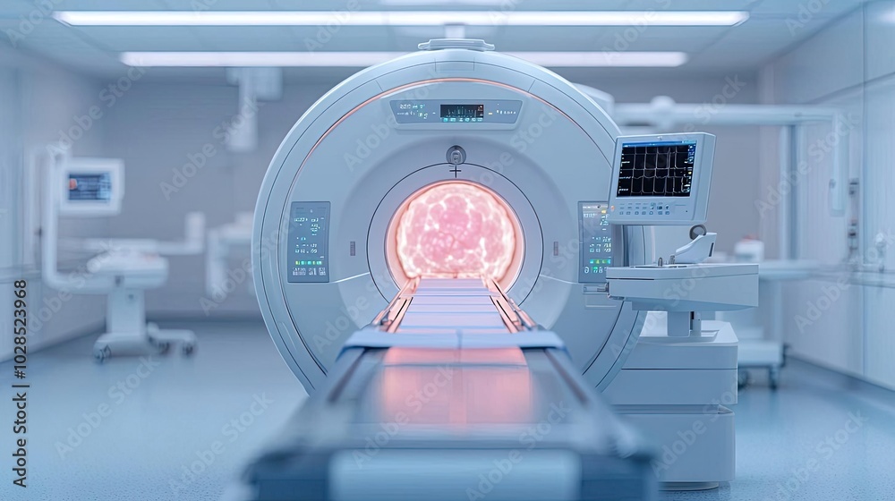 A modern MRI machine in a bright, sterile medical environment ready for imaging procedures. A modern MRI machine in a bright, sterile medical environment ready for imaging procedures.