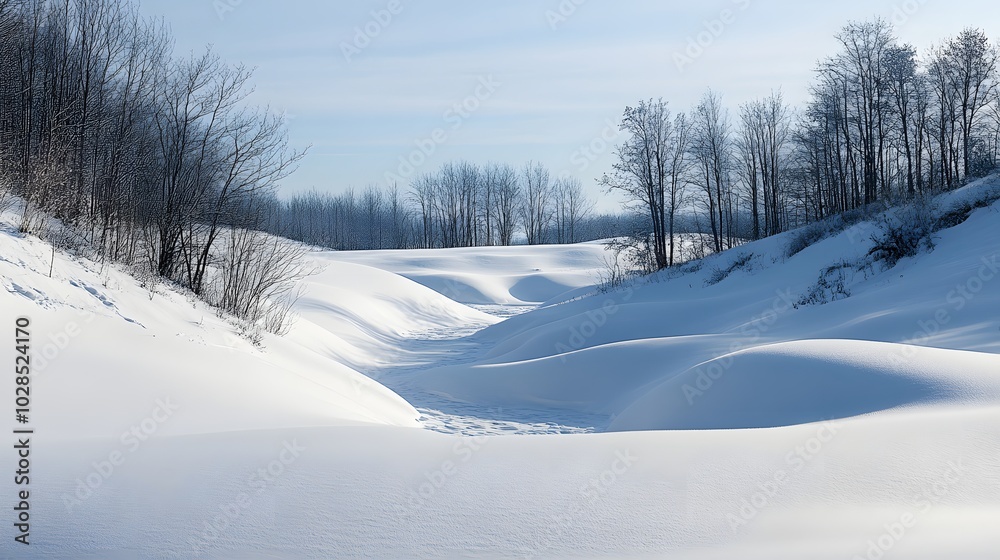 4. A tranquil, snow-covered valley under a pale winter sky, with no footprints in sight 4. A tranquil, snow-covered valley under a pale winter sky, with no footprints in sight