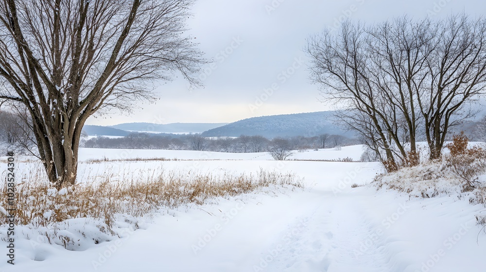 4. A tranquil, snow-covered valley under a pale winter sky, with no footprints in sight 4. A tranquil, snow-covered valley under a pale winter sky, with no footprints in sight