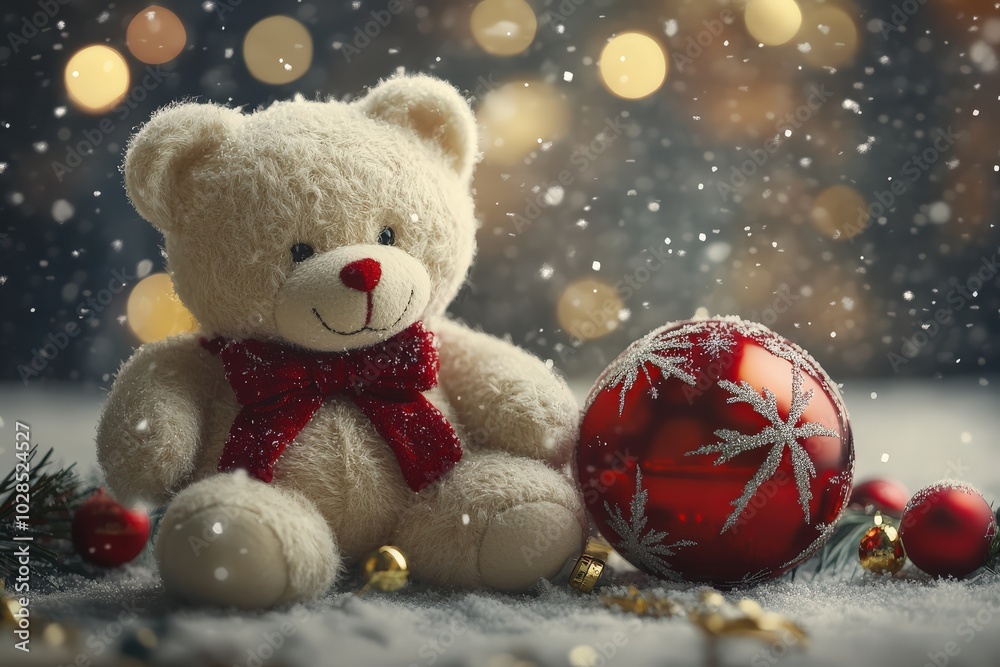 Christmas Teddy Bear. Gift Toys for the Holidays with Festive Background and Bokeh Lights Christmas Teddy Bear. Gift Toys for the Holidays with Festive Background and Bokeh Lights