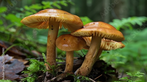 Mushroom presented on a muted background, colorful fungi image. Background neutral, mushroom radiant.