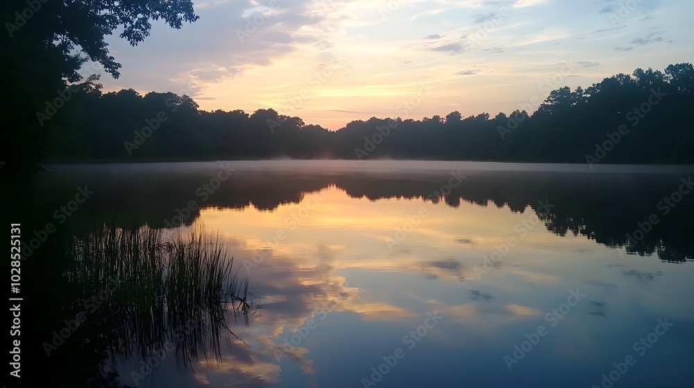 7. A calm lake at dawn, perfectly reflecting the sky, surrounded by untouched nature 7. A calm lake at dawn, perfectly reflecting the sky, surrounded by untouched nature