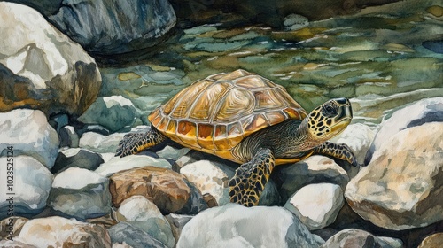 Watercolor painting of a turtle resting on rocks in a river photo