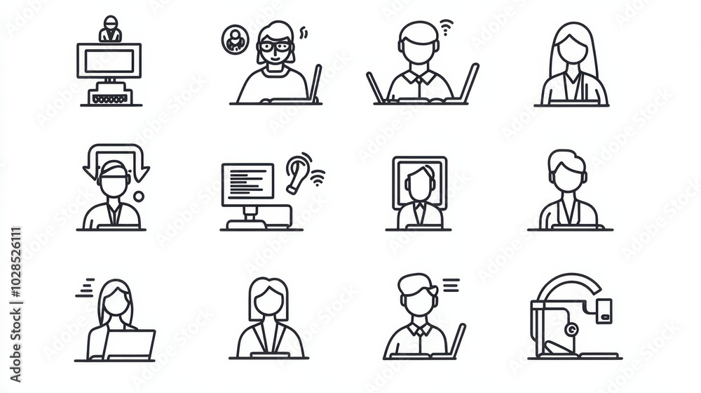 A grid of icons representing remote work and communication concepts.