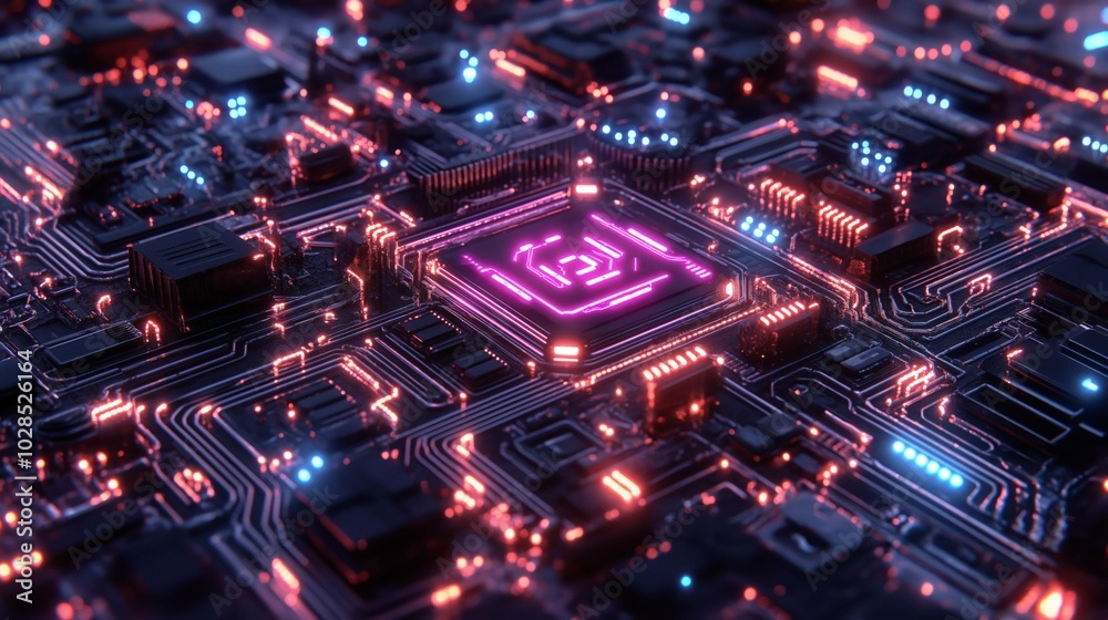 A motherboard illuminated with vibrant red and blue lights A motherboard illuminated with vibrant red and blue lights
