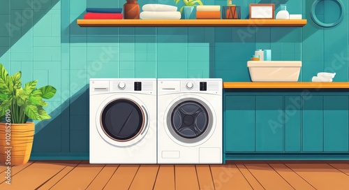 Clean Laundry Room. Modern Interior Design with Wood Cabinets and Shelves