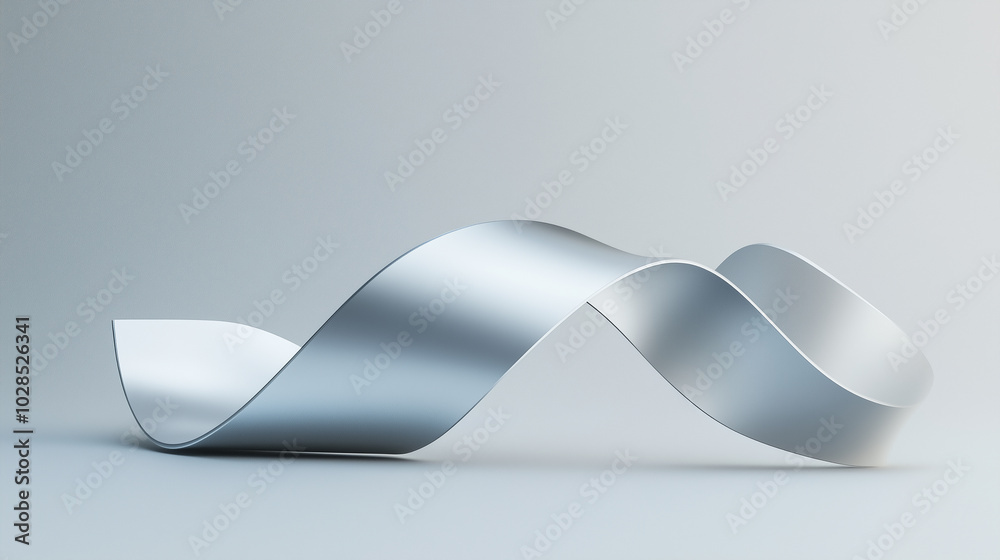 A silver ribbon is curled up on a grey surface A silver ribbon is curled up on a grey surface