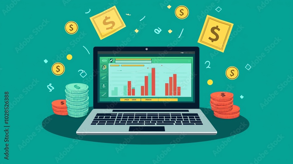 Laptop with financial data and money symbols on a colorful background. Laptop with financial data and money symbols on a colorful background.