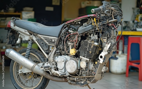 Dissected Power: A close-up view of a motorcycle engine, meticulously cut open, revealing its intricate inner workings and mechanical beauty.  A testament to engineering prowess. photo