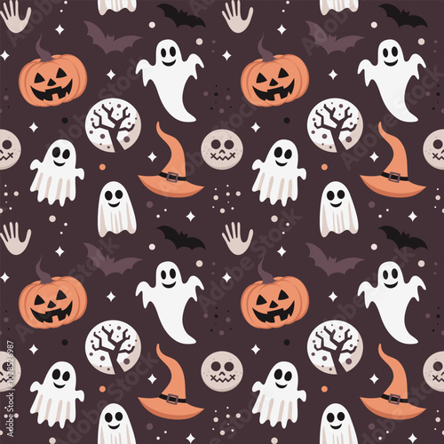 Halloween cartoon seamless pattern. Pumpkin vector illustration.	
