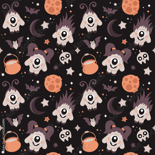 Halloween cartoon seamless pattern. Pumpkin vector illustration.	
