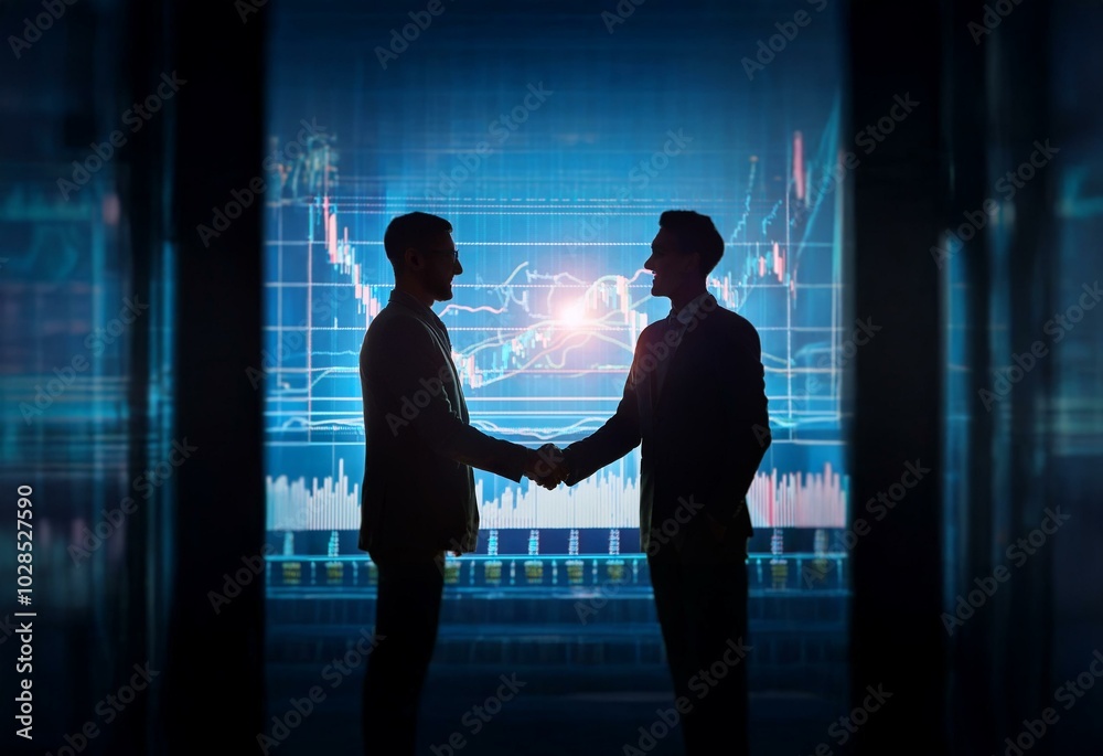 Two men in business suits shake hands in front of a large digital screen displaying financial charts and graphs. Two men in business suits shake hands in front of a large digital screen displaying financial charts and graphs.