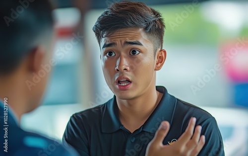 A young Thai driving student intently listens, his expression a mixture of concentration and slight apprehension as he receives feedback from his instructor. photo