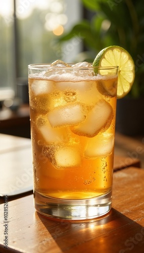 Refreshing glass of ginger ale with ice cubes and lime slice on wooden table